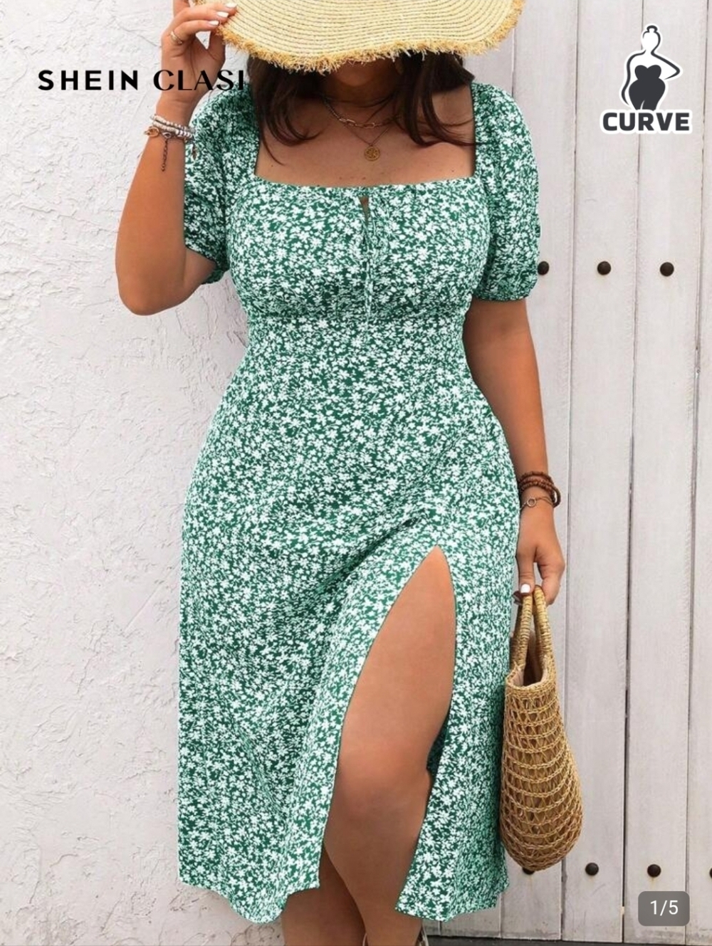 SHEIN Dark Green Floral Puff-Sleeve Maxi Dress